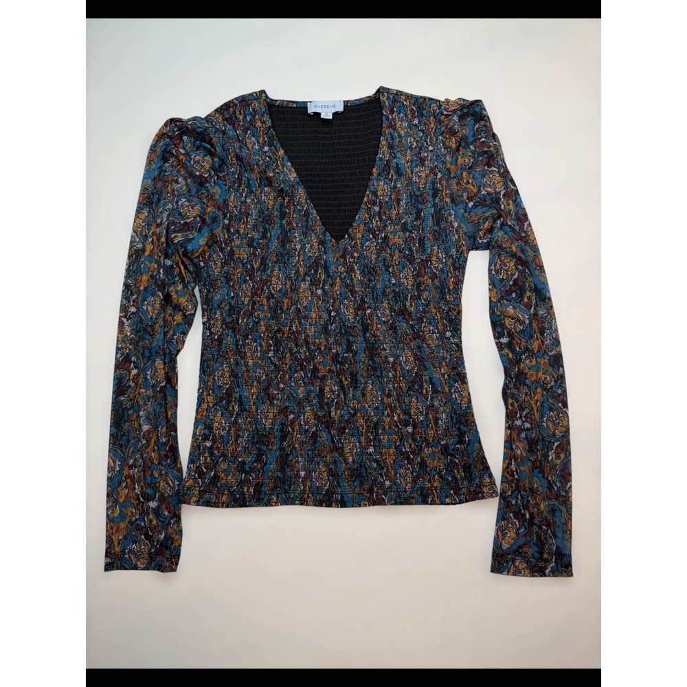Evereve‎ Womens Smocked Mesh Paisley Top V-Neck Puff Sleeve Multi Color Size M
